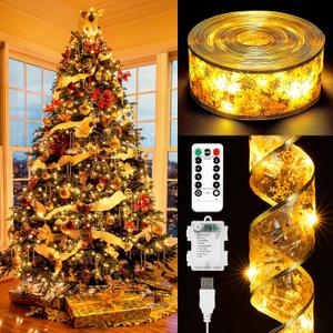 Christmas Decorations, 2.5Inch x 66Ft 200 Led Christmas Tree Ribbon Lights with 8 Lighting Modes, Battery Operated & USB Powered Fairy String Lights with Timer for Party Xmas Tree Decor