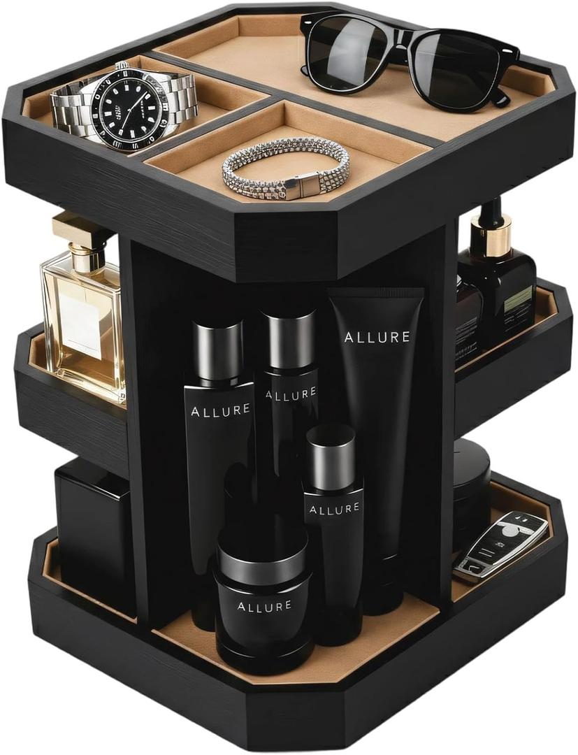 Rotating Cologne Organizer for Men, Metal Fragrance Display Stand with Suede-Lined Trays, 360 Turntable Cologne Stand for Dresser Desk, Gift-Ready Perfume Organizer