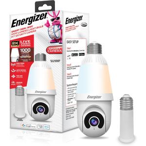 Energizer Smart 2K Light Bulb Security Camera, 1000 Lumens LED Light, 5GHz & 2.4GHz Wi-Fi Outdoor Socket Camera, Auto Tracking, Pan and Tilt, Night Vision, 2-Way Audio, Works with Google Home & Alexa (White)
