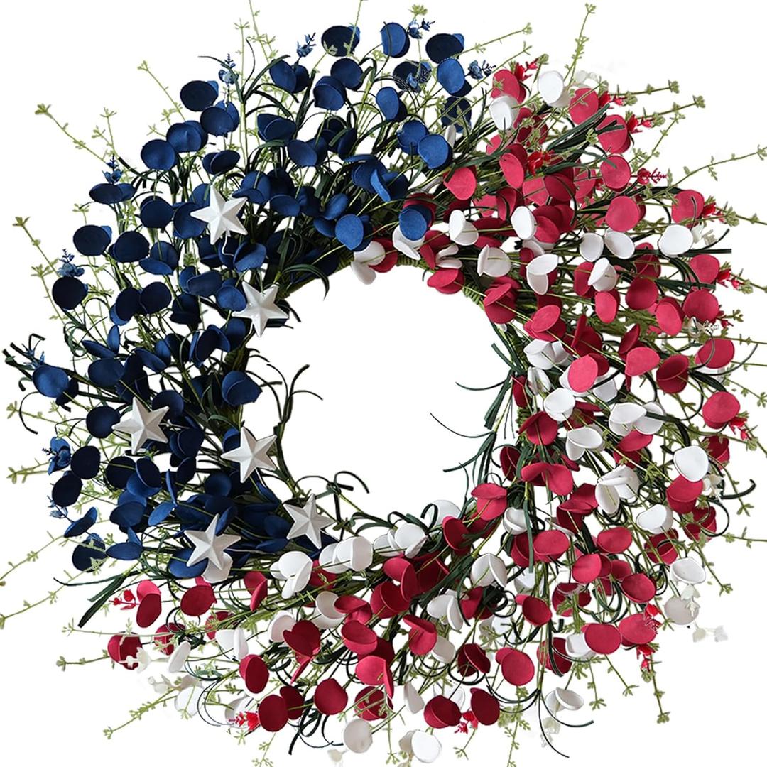Patriotic Wreath 22 Inch, 4th of July Wreath Red White and Blue Flowers, Memorial Day Wreath for Home Wall Window American Independence Day Decor