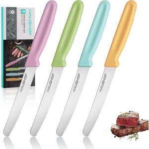 HAUSHOF Steak Knives Set of 4, Serrated Steak Knives, Premium Stainless Steel Steak Knife Set with Gift Box, Assorted Color