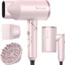 ANNLARY Hair Dryer with Comb | 1800W Blow Dryer with Diffuser for Curly Hair | Plasma Ionic Hairdryer for Frizz Control | Foldable & Protable Design for Travel | 6.5 ft ALCI Cord for Women and Men (Pink)