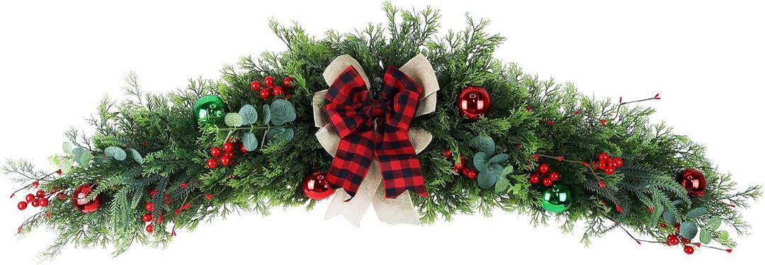 YEAHOME 48" Christmas Swag for Front Door, 4FT Artificial Decorative Swag Decoration with Bow-tie, Balls, Berries for Indoor & Outdoor Window Wall Fireplace Mantle Tabletop Home Holiday Xmas Decor (Red Green)