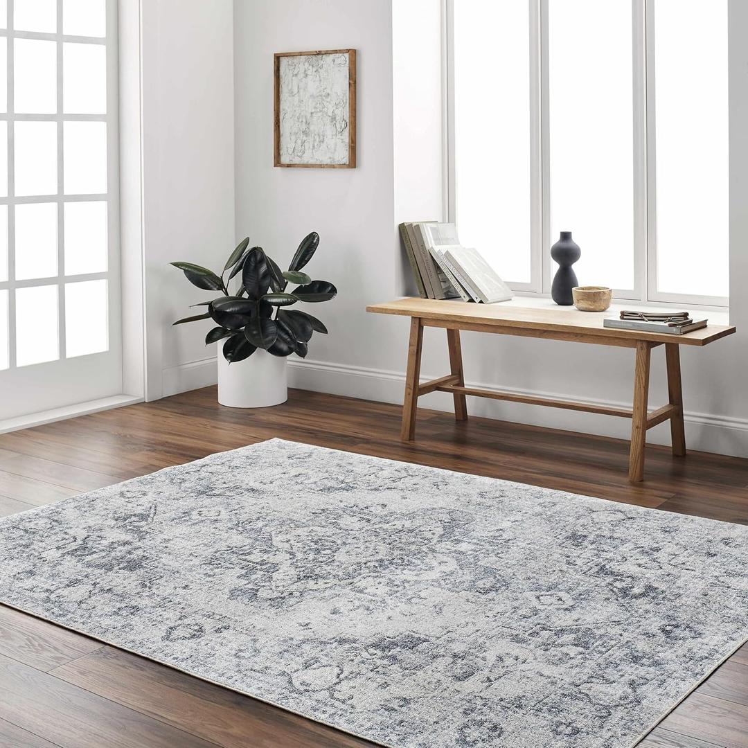 Livabliss LLL2334 Lillian Traditional 6'7" Round Machine Washable Area Rug - Blue, Off White, Charcoal