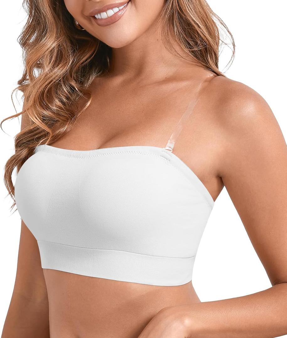 DEANGELMON Strapless Bras for Women Comfort Non-Slip Seamless Padded Bralette Clear Straps Wireless Tube Top Bra (Large, White)