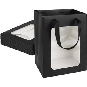 MOXARYSU 12 Pcs Black Gift Bags with Clear Window: 9.8x5.1x7.1 Inch Medium Kraft Paper Bags with Handle For Party Business Birthday Wedding (Black, 12p)