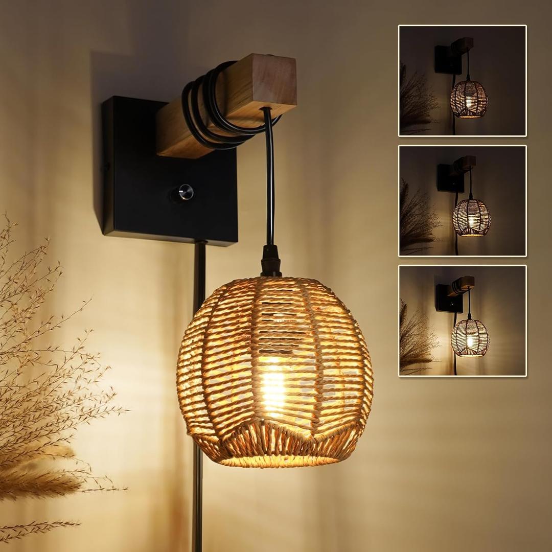 N01 Plug in Dimmable Wall Sconces Hanging Boho Rattan Wall Lamp Farmhouse Stepless Wall Sconce Woven Wall Lamp Hardwired Wall Lights for Living Room Bedroom Bedside Hallway (Bulb Included)