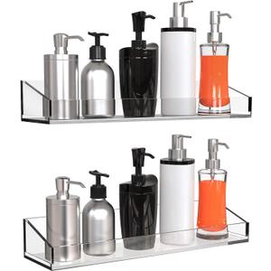 Vdomus Acrylic Bathroom Shelves, Set of 2 - 4"Dx15"Wx2.25"H Thick Wall Mounted Floating Shelves - Clear Storage and Display Shelving for Bathroom or Kitchen - No Drill Transparent Shower Organizer