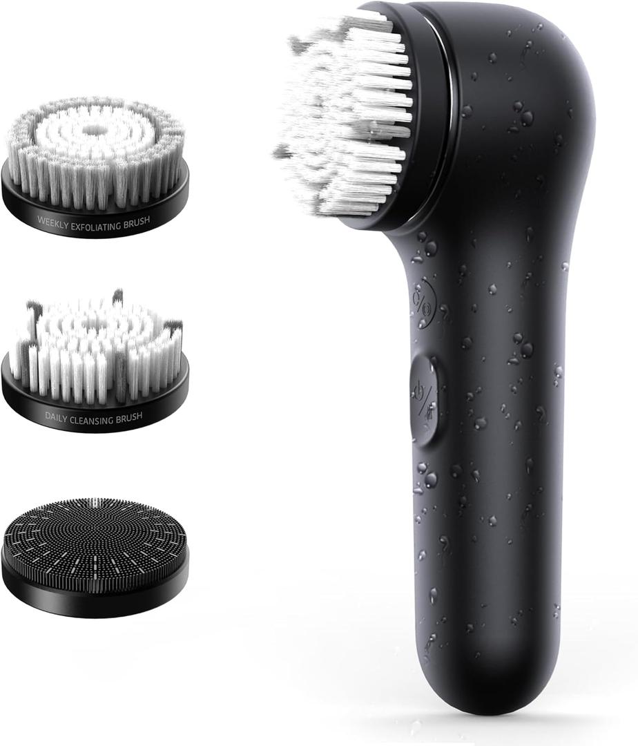 Premium Facial Cleansing Brush,Waterproof Face Scrubber,Spin & Sonic Modes with 3 Intensities,Magnetic 3-Head System for Deep Pore Cleaning, Gentle Exfoliation & Sensitive Skin Care - for Women & Men (Black)