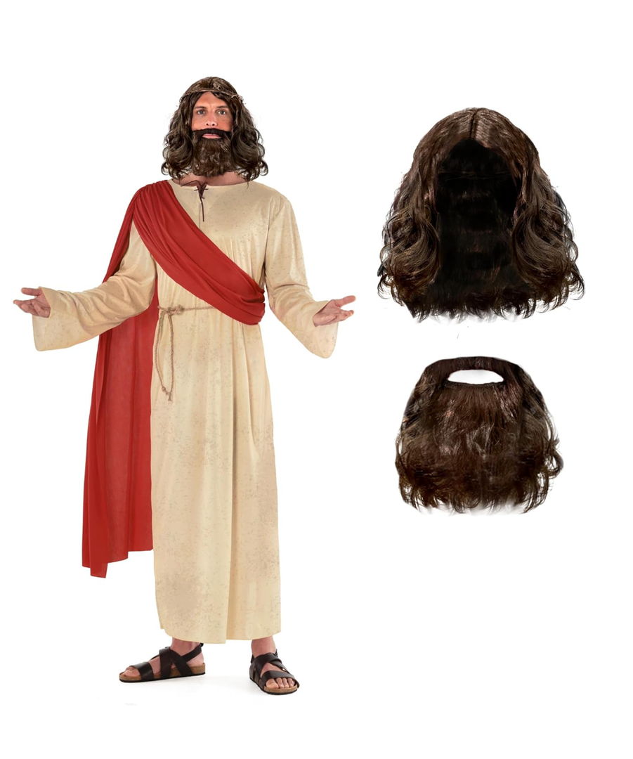 Morph Jesus Costume For Men Plus Wig And Beard - Jesus Christ Halloween Robe Outfit M