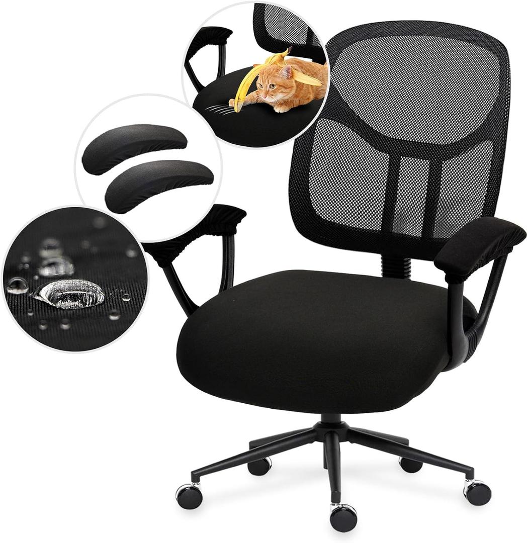 Water-resistant Stretchable Separate Office Chair Seat Cushion Covers with Armrest Covers Universal Spandex Computer Chair Slipcover - Removable Washable Cushion Protectors for Dogs, Cats (Black)