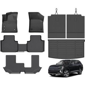 ANBINGO Floor Mats & SeatBack Cargo Liner/Atlas 2018-2026 7 Passenger / 2nd Row with Bench Seat / (50/50 Velcro Tape Fixed Backseat) TPE 3 Rows Car Mat Waterproof, Accessories