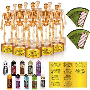 72 Pack Halloween Party Costume Contest Ballot Set of Boxes, 40 Voting Ballots, 10 Skeleton Trophy, 10 Award Ribbons and 12 Gold Stickers for Home Indoor Office Vote Party Game