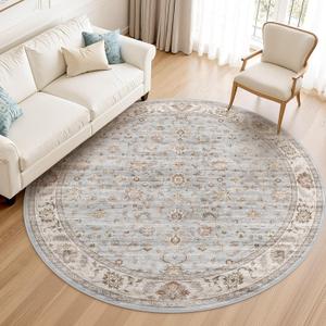WITSHOCK 8ft Round Area Rugs for Living Room: Non-Slip Washable Vintage Soft Large Circle Rug - Soft Low Pile Carpet for Bedroom Under Dining Table Home Office Decor (Light Blue)