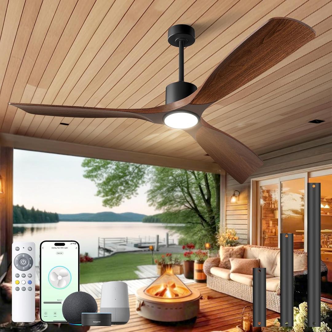 Ceiling Fans with Lights, Ceiling Fans with Lights and Remote, 60 inch Modern Smart Ceiling Fan with Light, Outdoor Ceiling Fans for Patios 3 Blade Bedroom Living Room Porch(Dark Walnut)