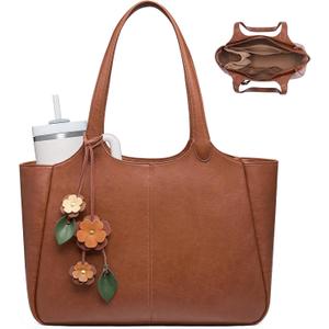 LOVEVOOK Tote Bag for Women, Leather Vintage Work Bag with 40oz Cup Holder,Nurse Teacher Shoulder Bag,Roomy,6 Pockets