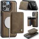 Compatible with Magsafe for iPhone 15 Pro Max Wallet Case Magnetic Card Holder, RFID Blocking 2 in 1 Detachable Kickstand Shockproof Case for Women Men, Brown