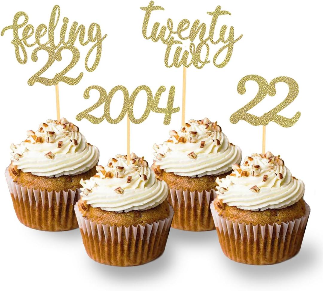 24pcs Feeling 22 Cupcake Toppers, Twenty Two Birthday Cake Decorations, Cheer to 22 Years Old Theme Party Decoration Supplies (Gold2)