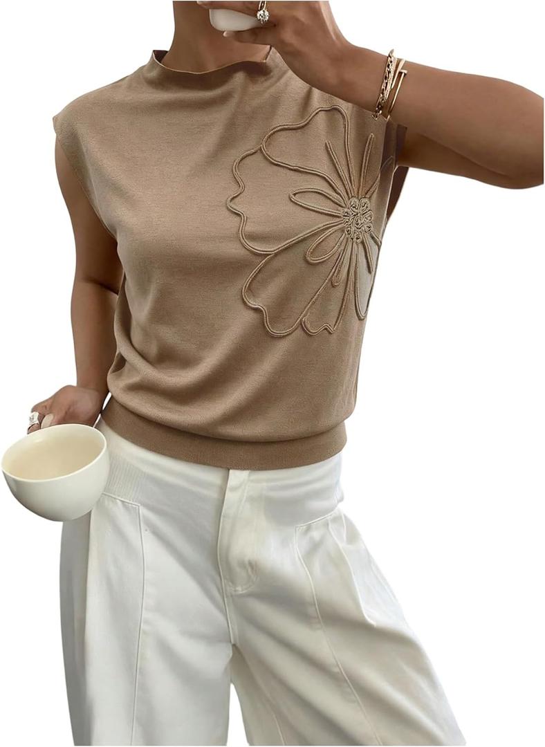 Women's 3D Floral Knit Tops Cap Sleeve Mock Neck Elegant T Shirts Summer Fall Tops Streetwear (L)