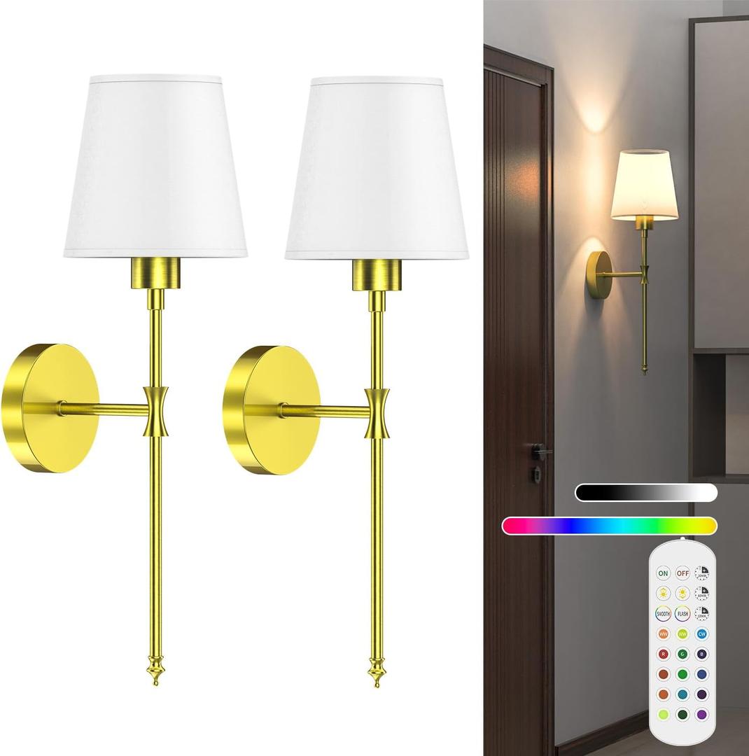Stylish Battery Operated Wall Sconce, Set of 2 Wireless Wall Lights for Bedroom and Living Room, Remote-Controlled Wall Lamps with 12 Color Modes for Cozy Ambiance (Golden)