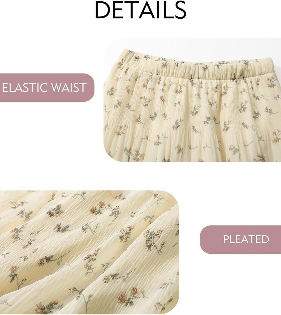 SEAFORM Women's Chiffon Skirts Flowy Elastic High Waist Maxi Skirts Elegant A-Line Beach Midi Skirts for Women with Lining (Beige)