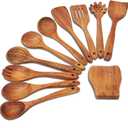 Wooden Spoons for Cooking,Wooden Utensils for Cooking 11 Pcs Wooden Kitchen Utensils Set Wooden Spatulas for Cooking Wooden Cooking Utensils with Holder, 14.37*4.13*3.54, Brown