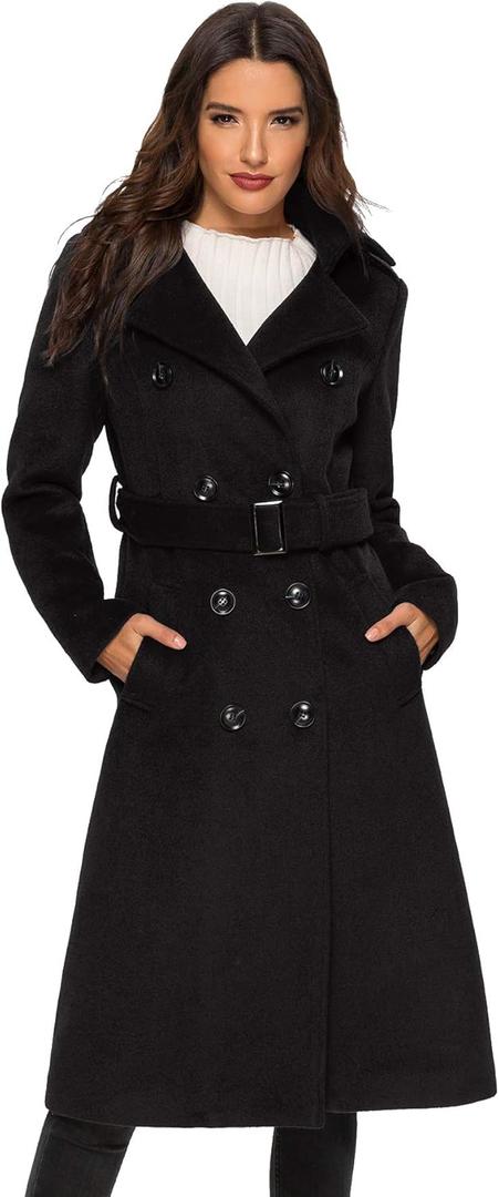 Escalier Womens Wool Coat Double Breasted Pea Coat Winter Long Trench Coat with Belt (Large, Black)