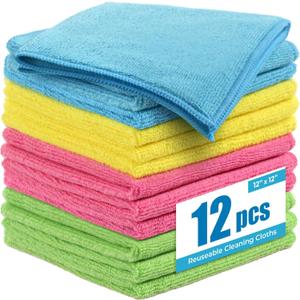 Microfiber Cleaning Cloth 12 Pack, 12x12 Inch Reusable Kitchen Towels, Lint Free Streak Free Super Absorbent Soft Cleaning Rags for House, Window, Glass, Assorted Colors