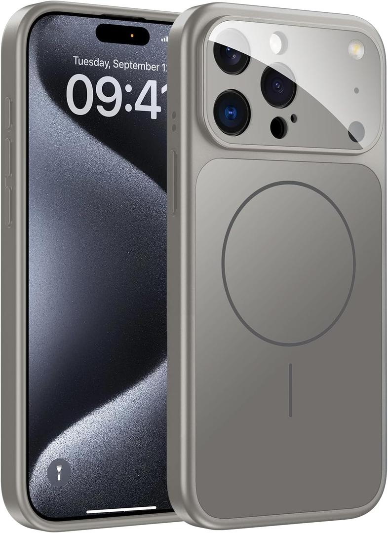 TOBOVON for iPhone 15 Pro Case with Camera Lens Protector, Compatible with MagSafe, Slim Matte Magnetic Shockproof Phone Cover for iPhone15 Pro, Titanium Gray