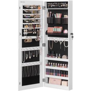 SONGMICS Jewelry Cabinet Armoire, Lockable Wall-Mounted Organizer Unit with 2 Plastic Cosmetic Storage Trays, Full-Length Frameless Mirror, White UJJC001W01