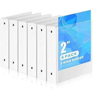 Henoyso 6 Pcs Plastic 2'' Mini 3 Ring Binders, 375 Sheets Capacity Fits 5.5" x 8.5" Paper, Small White Flexible Three Round Rings View Binders Bulk for School, Office Use, Photo Album Pages