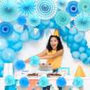 2 x LRCXL Blue Party Decoration, 21Pcs Blue Hanging Paper Fans, Paper Pom Poms Flowers, Pennant, Garland String, Banner for Boy Birthday, Bridal Shower, Baby Boy Showers, Wedding