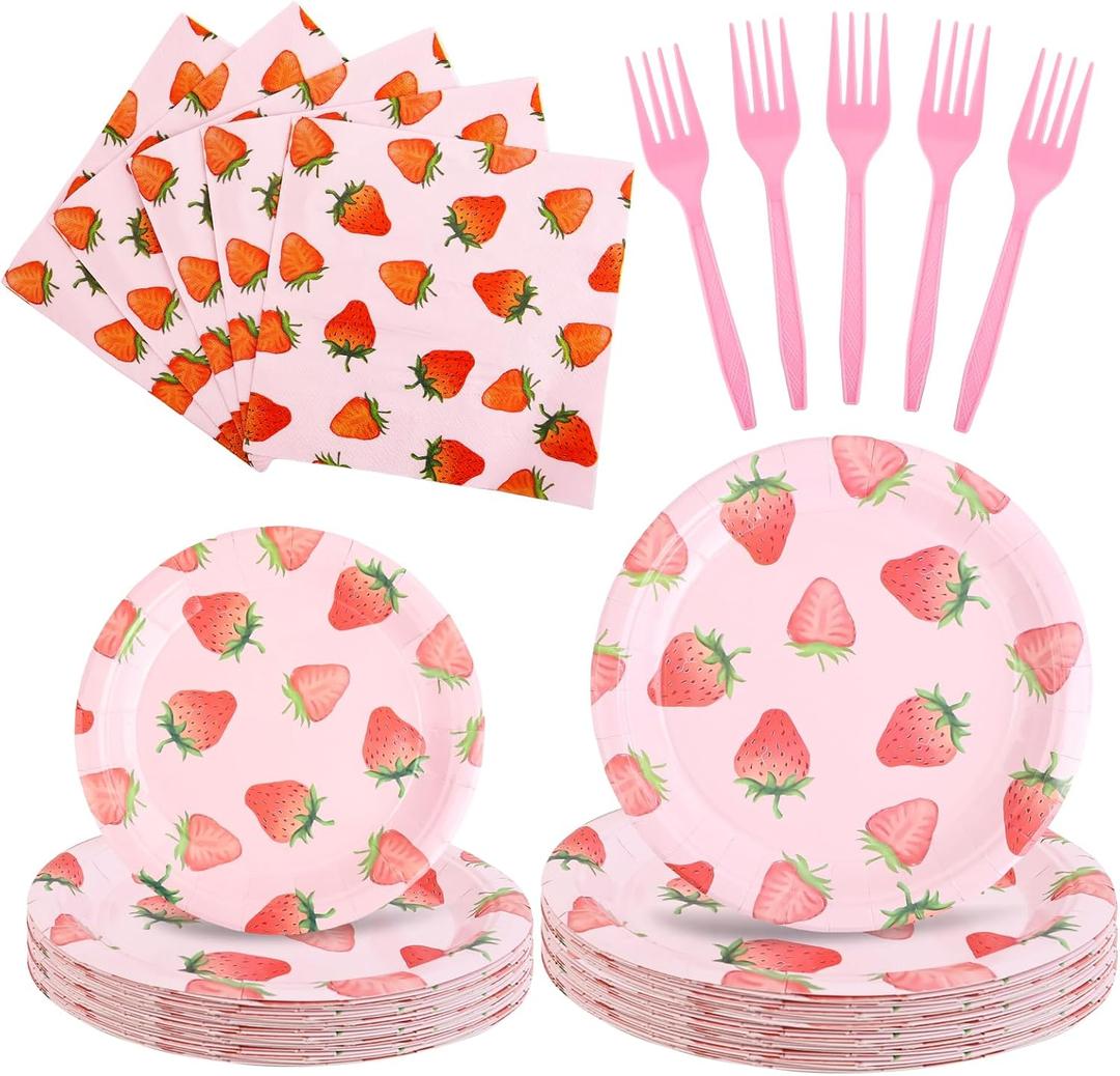 140 Pcs Strawberry Party Supplies for 30 Guests, Strawberry Party Decorations Include Strawberry Paper Plates Forks Napkins Disposable Strawberry Pool Luau Hawaiian Party Decoration, bu0322-9