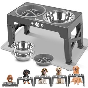 Elevated Dog Bowls, Dog Feeder with 2 Stainless Steel Dishes &1 Slow Feeder Bowl, 5 Heights Adjustable Raised Stand for Medium Large, Food Dishes with Non-Slip Feet (Grey)