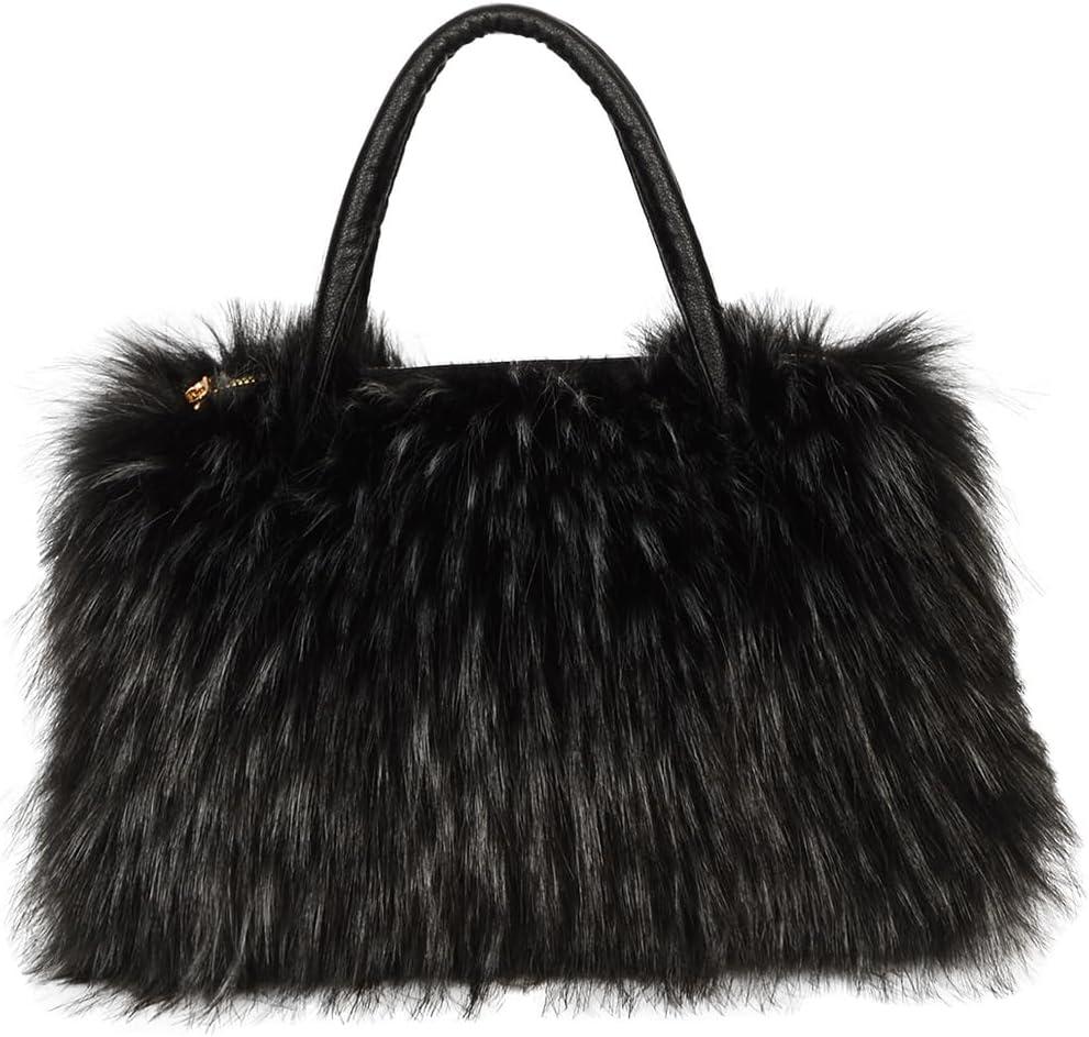 Women's Furry Shoulder Handbags Faux Fur Work Tote Bag for Women Fluffy Satchel Handbags Wristlet Zipper Purses