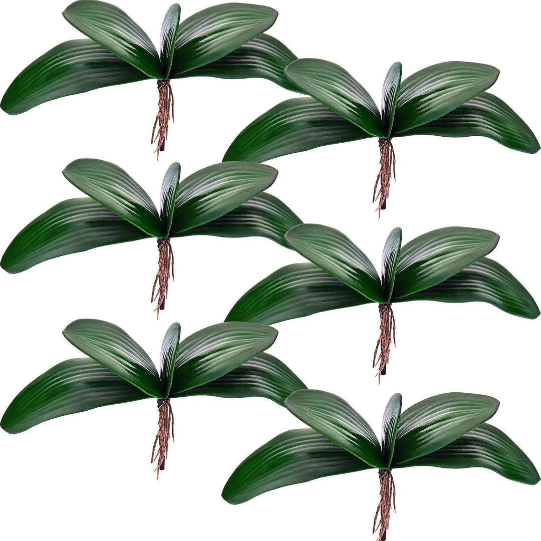 Chuangdi 6 Pcs Faux Orchid Leaves Artificial Orchids Leaves Phalaenopsis Stems Leaf Green Leaf Plants Green Faux Stem Latex Cymbidium Stems for Flowers Arrangements Pot Decoration (10.9 Inch)