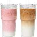 20oz Ribbed & Floral Glass Tumbler Set of 2  Reusable Glass Cups with Lid and Glass Straw, Iced Coffee Cups for Water, Smoothie, Milk, Cocktail & More  Perfect for Daily Use & Travel