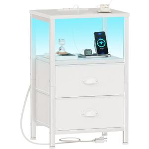Furologee LED Night Stand with Charging Station, White Nightstand with Fabric Drawers, Bedside Table with Storage Shelf, End Table for Living Room/Bedroom/Dorm (1 PC)