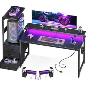 AODK 59 Inch Gaming Desk with USB Charging Ports & LED Light- Reversible Computer Desk with Storage Shelves & Monitor Stand, Modern Gamer Desk Table with Fabric Drawers & Side Hook, Carbon Fiber Black