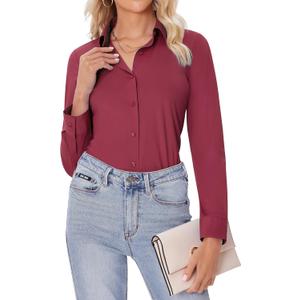 siliteelon Button Down Shirts for Women Slim fit Long Sleeve Stretch Dress Shirts Work Shirt Wrinkle Free Office Blouses (X-Small, Burgundy)