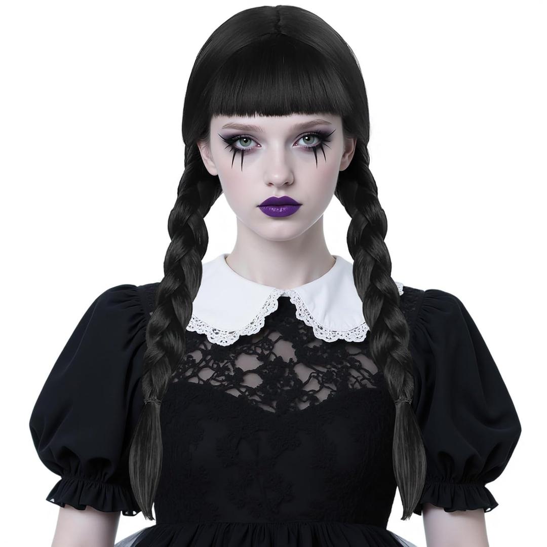 ANOGOL Black Braid Wig With Bangs for Women, Synthetic Wigs with 2 Pigtails, Long Black Straight Wig for Women, Heat Resistant, Tangle Free, Size 21.75 inches