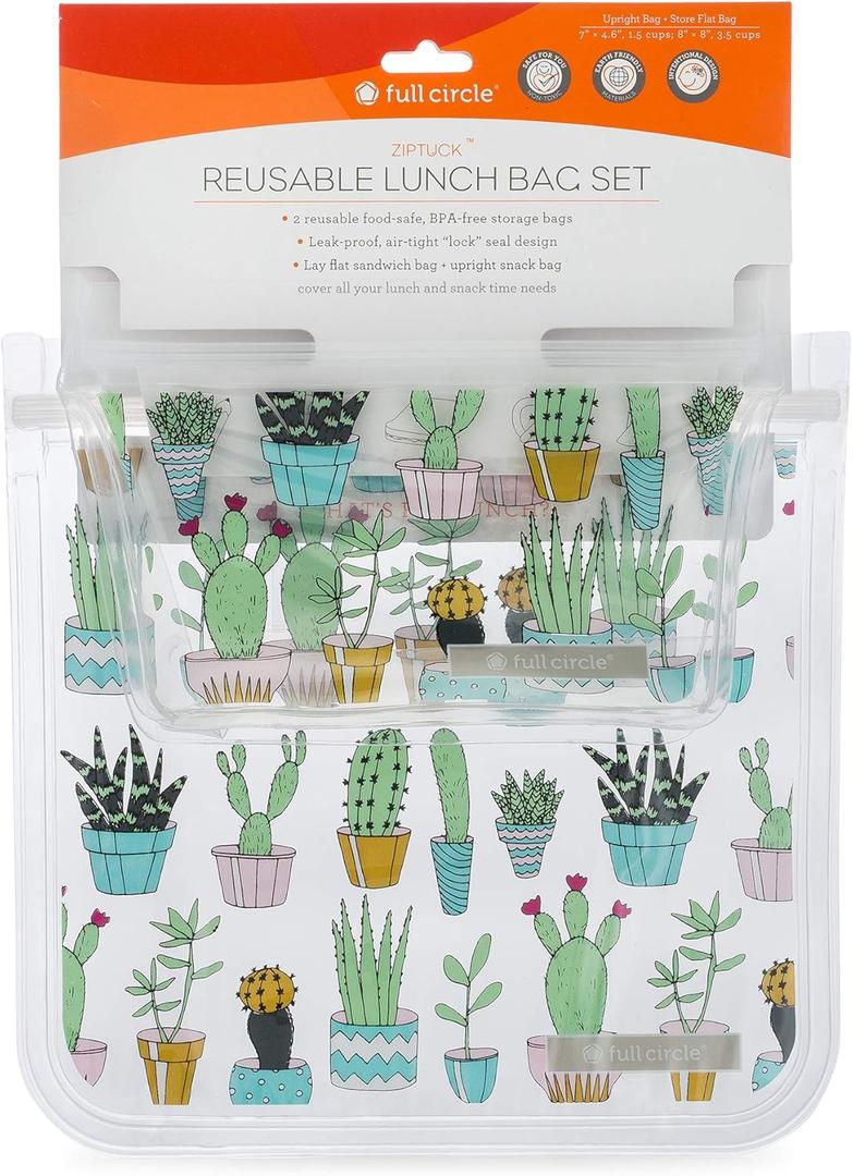 Full Circle Ziptuck Reusable Lunch Bag Set  1 Sandwich Bag and 1 Snack Bag - Multi-Use Leak-Free Food-Safe Storage Bags  BPA-Free, Cactus Party