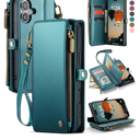 Defencase Compatible with iPhone 17 Case Wallet with RFID Blocking Card Holder for Women and Men, Fashion PU Leather Magnetic Snap Flip Zipper Strap Wallet Phone Case for iPhone 17 6.3", Blue Green