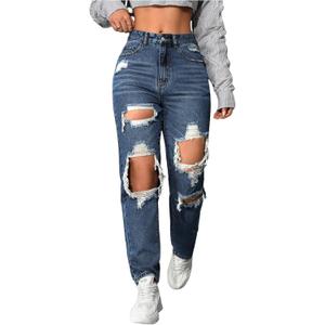 Floerns Women's High Waisted Distressed Jeans Straight Leg Casual Ripped Denim Pants (Blue, XXL)