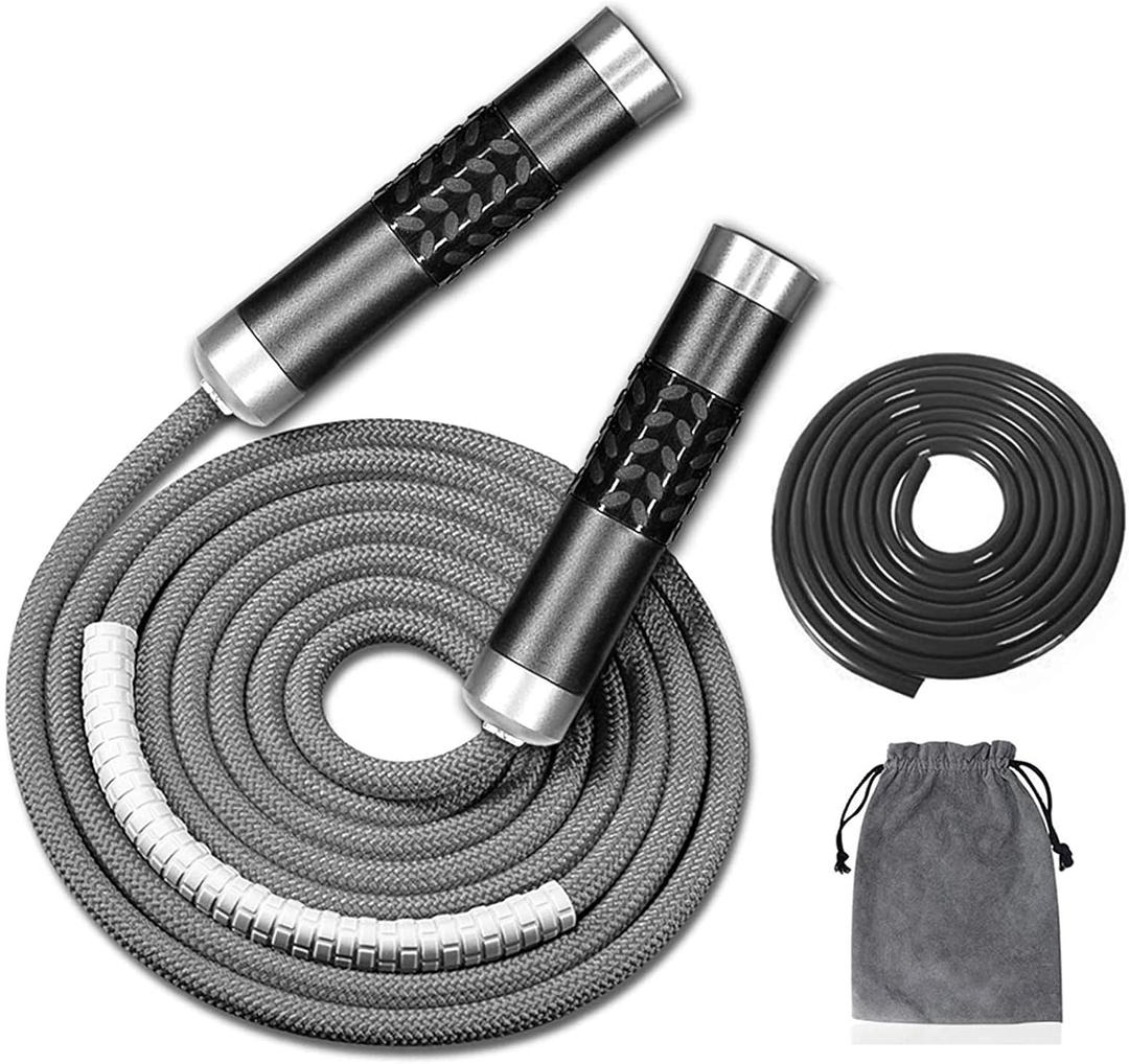 Redify Weighted Jump Rope for Workout Fitness(1LB), Tangle-Free Ball Bearing Rapid Speed Skipping Rope for MMA Boxing Weight-loss,Aluminum Handle Adjustable Length 9MM Fabric Cotton+9MM Solid PVC Rope (Grey)