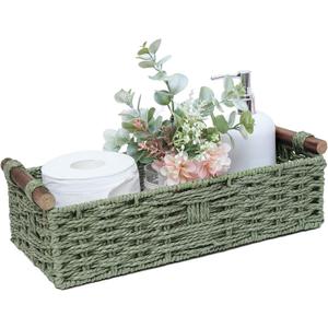 Round Paper Rope Storage Basket Wicker Baskets for Organizing with Handle Decorative Storage Bins for Countertop Toilet Paper Basket for Toilet Tank Top Small Baskets , Green