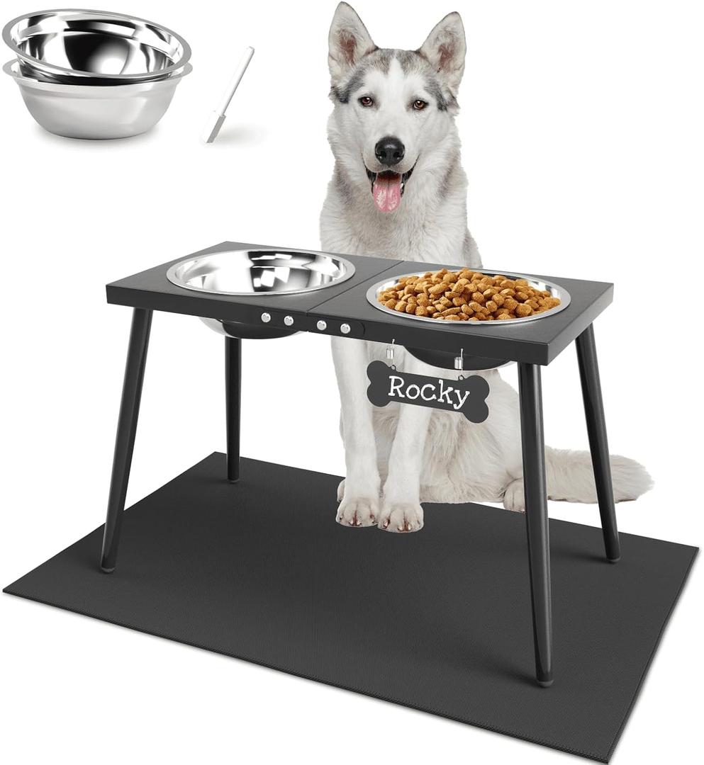 Metal Elevated Dog Bowls for Extra Large & Large Dogs, Dog Feeder with 2000ML Stainless Steel Bowls and Sprill Proof Mat, 15'' Tall Raised Dog Bowl Stand with Tapered Legs for Large Breed (Height 15inch, Black-X)