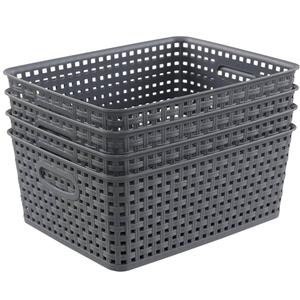 Readsky Plastic Woven Storage Basket with Handle, Gray