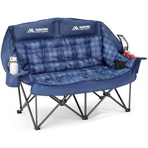 Huskfirm Padded Double Camping Chairs High Back Double Camp Chair Oversized Loveseat Camping Chair Support 800LBS Heavy Duty Camping Couch with Cup Holders, Cooler, Carry Bag, Blue