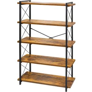 HCHQHS Bookshelf, 5-Tier Industrial Bookcase, Rustic Open Book Shelf, Freestanding Tall Bookshelves with Metal Frame